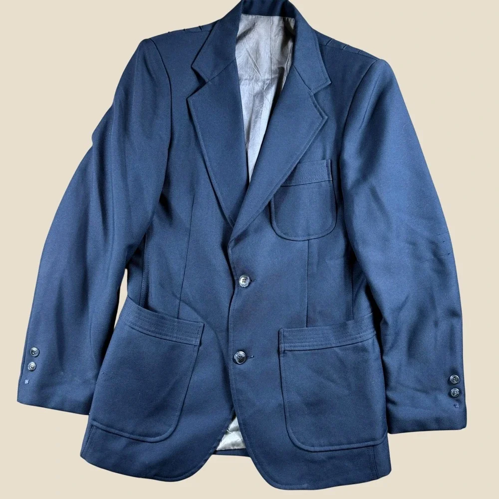 Vintage Blazer Men 40 Blue Norfolk Back Belted Pleated Disco 70s Preppy Retro